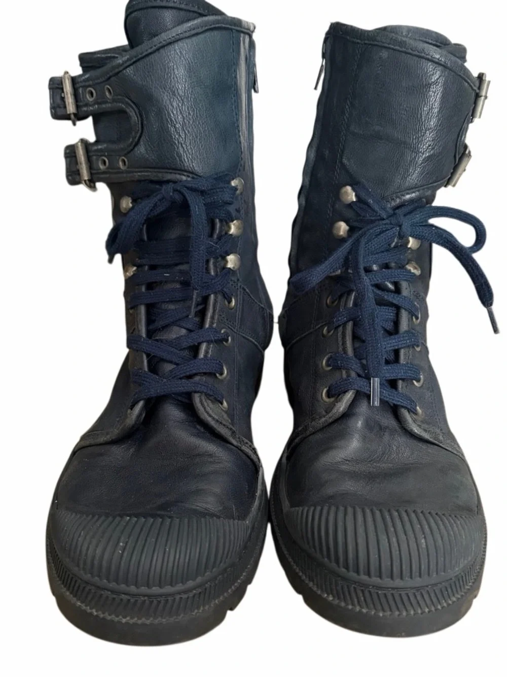 Pataugas black leather moto style buckle boots, side zip, lace up , sz 38/5/7.5.